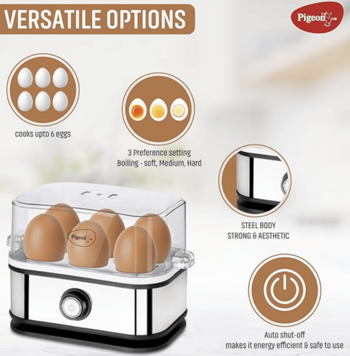 Pigeon by Stovekraft Perfecto Egg Boiler with See Through Lid |350 Watts |Boil upto 6 Eggs (Hard, Medium, Soft) | Measuring Cup |1 year warranty | Automatic Shut off, Black & Silver - Image 3